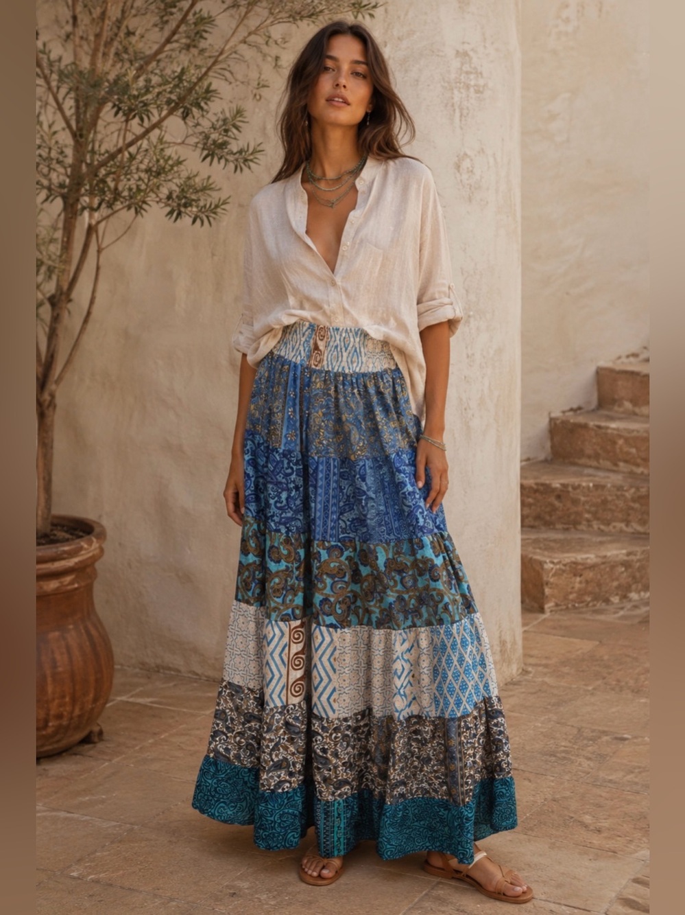 Boho Patchwork Maxi Skirt - Blue Multi